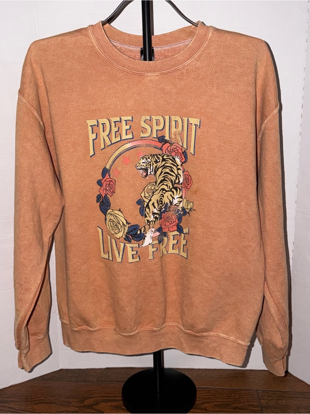 Sweet Claire Womens Graphic Crewneck Sweater - Rust Orange with Multicolor Print